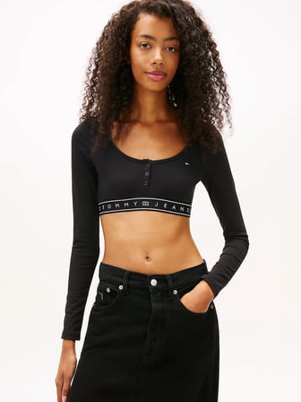 Tommy Hilfiger TJW Kısa Şerit Detaylı Uzun Kollu Fitilli Kadın Siyah T-shirt DW0DW22538BDS