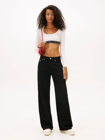 Tommy Hilfiger TJW Kısa Şerit Detaylı Uzun Kollu Fitilli Kadın Beyaz T-shirt DW0DW22538YBH