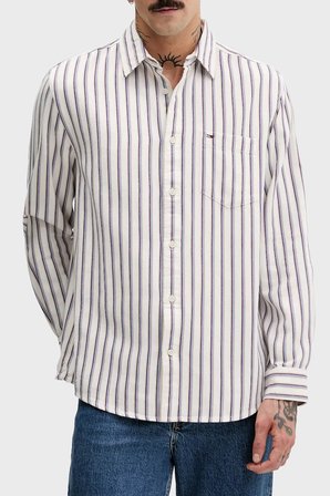 Tommy Jeans Çizgili % 100 Pamuk Relaxed Fit Uzun Kollu Gömlek Erkek GÖMLEK DM0DM22406 YBH BEYAZ