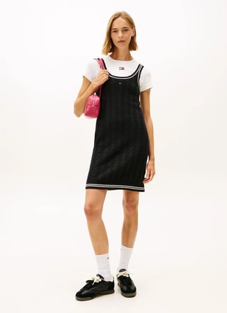 Tommy Jeans Yuvarlak Yaka Desenli Siyah Kısa Kadın Elbise TJW FLAG CABLE SWEATER DRESS
