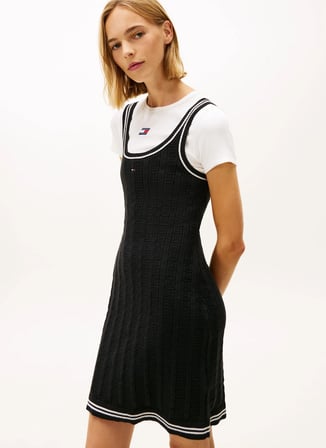 Tommy Jeans Yuvarlak Yaka Desenli Siyah Kısa Kadın Elbise TJW FLAG CABLE SWEATER DRESS