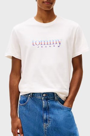 Tommy Jeans Logolu % 100 Pamuk Slim Fit Bisiklet Yaka T Shirt Erkek T SHİRT DM0DM22333 YBH BEYAZ