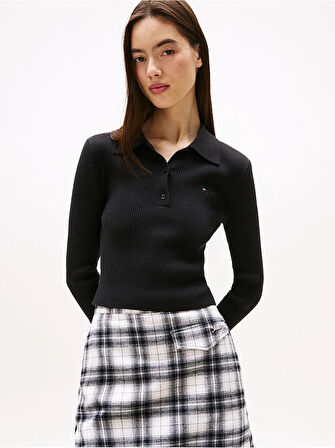 Tommy Hilfiger TJW Klasik Polo Uzun Kollu Kadın Siyah Kazak DW0DW21829BDS