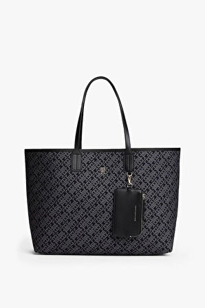 Kadın Çıkarılabilir Cüzdanlı Monogram Desenli Tote Omuz Çantası - Siyah | undefined