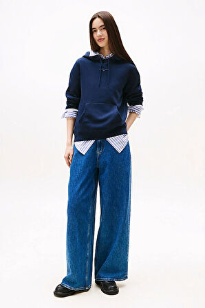 Kadın Regular Fit Kapüşonlu Kanguru Cepli Sweatshirt - Lacivert | XS