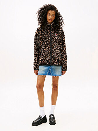 Tommy Hilfiger TJW Tam Fermuarlı Armalı Kürk Dokulu Kadın Kahverengi Sweatshirt DW0DW215960HD