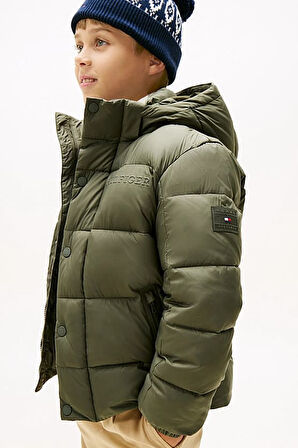 Erkek Çocuk Kabartma Yazı Logolu Kapüşonlu Şişme Mont - Haki | 10 Yaş