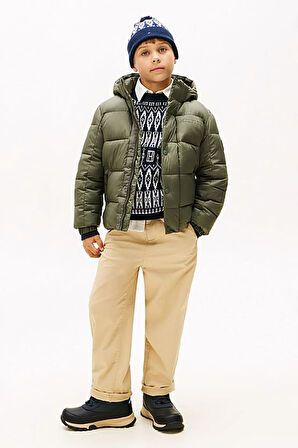Erkek Çocuk Kabartma Yazı Logolu Kapüşonlu Şişme Mont - Haki | 12 Yaş