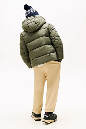 Erkek Çocuk Kabartma Yazı Logolu Kapüşonlu Şişme Mont - Haki | 12 Yaş