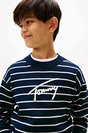 Erkek Çocuk Çizgili Yuvarlak Yaka Triko Kazak – Lacivert | 8 Yaş