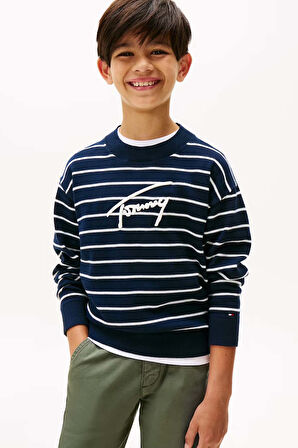Erkek Çocuk Çizgili Yuvarlak Yaka Triko Kazak – Lacivert | 12 Yaş