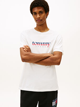 TOMMY HILFIGER Erkek Marka Logolu Bisiklet Yakalı Pamuklu Beyaz1 T-Shirt DM0DM21978 YBL