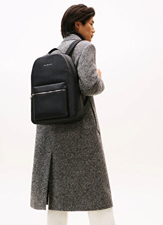 Tommy Hilfiger Suni Deri + Geri Dönüştürülmüş Polyester Siyah Erkek Sırt Çantası TH BUSINESS LEATHER BACKPACK