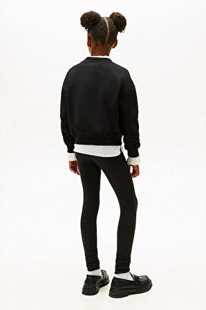 Kız Çocuk Relaxed Fit Mini Crop Yazı Logolu Sweatshirt ve Tayt Takımı - Siyah | 8 Yaş