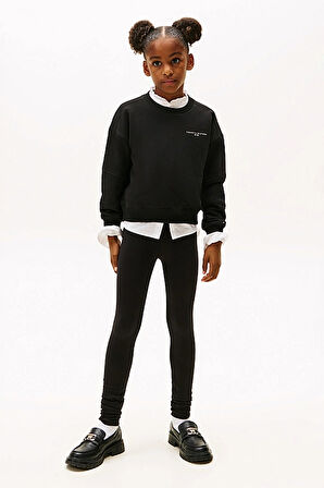 Kız Çocuk Relaxed Fit Mini Crop Yazı Logolu Sweatshirt ve Tayt Takımı - Siyah | 12 Yaş