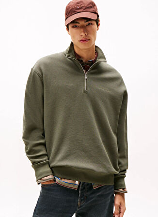 Tommy Jeans Fermuarlı Yaka Haki Erkek Sweatshırt DM0DM21880MRH TJM RLX WAFFLE SCRIPT