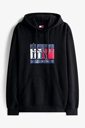 Erkek Logo Baskılı Kapüşonlu Sweatshirt – Siyah | XS