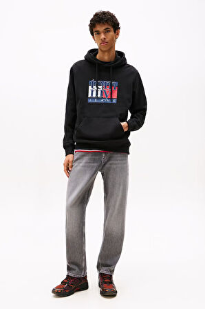 Erkek Logo Baskılı Kapüşonlu Sweatshirt – Siyah | XS