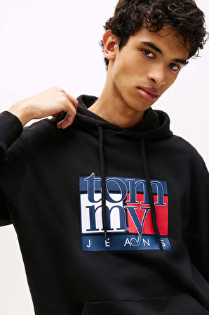 Erkek Logo Baskılı Kapüşonlu Sweatshirt – Siyah | XS