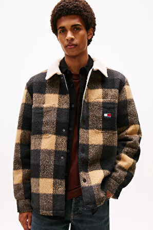 Erkek Regular Kalıp Pelüş Yakalı Kareli Gömlek Ceket - Siyah/Kahverengi | M