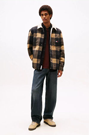 Erkek Regular Kalıp Pelüş Yakalı Kareli Gömlek Ceket - Siyah/Kahverengi | M