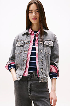 Kadın Rahat Kalıp Çok Cepli Jean Ceket - Eskitme Gri | L