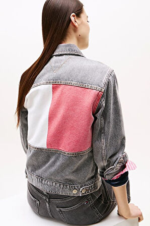 Kadın Rahat Kalıp Çok Cepli Jean Ceket - Eskitme Gri | L