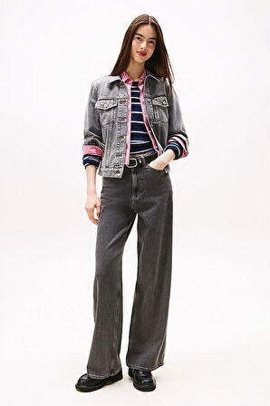 Kadın Rahat Kalıp Çok Cepli Jean Ceket - Eskitme Gri | L