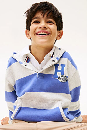 Erkek Çocuk Polo Yaka Kapüşonlu Çizgili Sweatshirt - Mavi/Gri | 10 Yaş