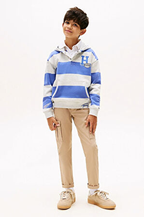 Erkek Çocuk Polo Yaka Kapüşonlu Çizgili Sweatshirt - Mavi/Gri | 12 Yaş