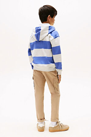 Erkek Çocuk Polo Yaka Kapüşonlu Çizgili Sweatshirt - Mavi/Gri | 12 Yaş