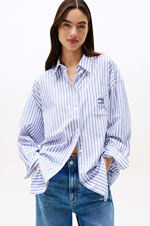 Kadın Çizgili Uzun Kollu Pamuklu Gömlek – Mavi Beyaz | M