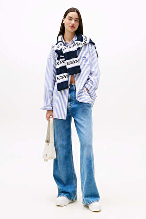 Kadın Çizgili Uzun Kollu Pamuklu Gömlek – Mavi Beyaz | M