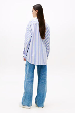 Kadın Çizgili Uzun Kollu Pamuklu Gömlek – Mavi Beyaz | M