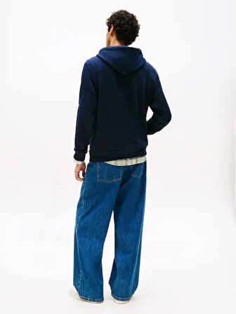 TOMMY HILFIGER Erkek Marka Logolu Kapüşonlu  Organik Pamuklu Kanguru Ceplli Günlük Kullanıma Uygun Mavi Sweatshirt DM0DM20746 0GY