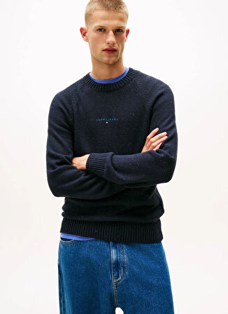 Tommy Jeans Bisiklet Yaka Düz Lacivert Erkek Kazak DM0DM22097C1G TJM SLIM LINEAR RAGLA