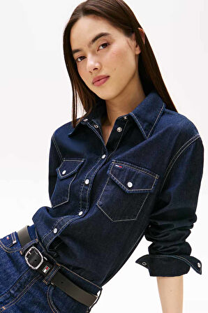 Kadın Uzun Kollu Denim Gömlek – Koyu Mavi | XS