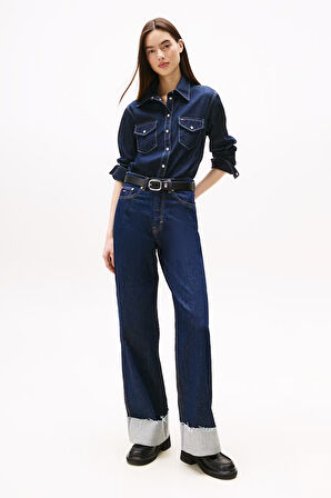 Kadın Uzun Kollu Denim Gömlek – Koyu Mavi | XS