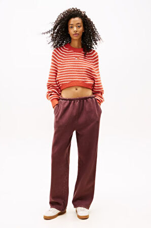 Kadın Boxy Fit Çizgili Yün Karışımlı Crop Kazak - Kırmızı | S