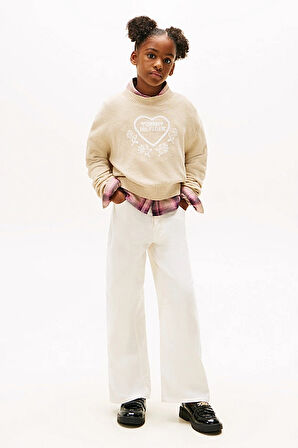 Kız Çocuk Rahat Kalıp Kalp Desenli Triko Kazak - Bej Melanj | 8 Yaş