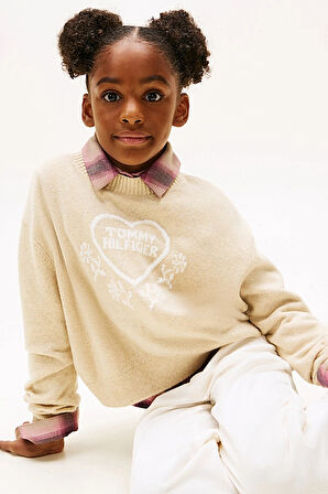 Kız Çocuk Rahat Kalıp Kalp Desenli Triko Kazak - Bej Melanj | 8 Yaş