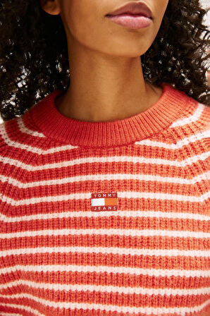 Kadın Boxy Fit Çizgili Yün Karışımlı Crop Kazak - Kırmızı | L