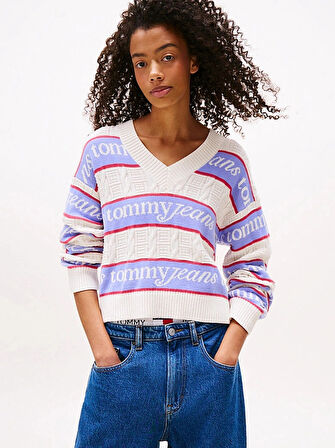 Tommy Hilfiger TJW Çizgili Logolu Kadın Beyaz Kazak DW0DW21682YBH