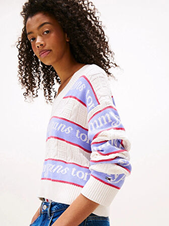 Tommy Hilfiger TJW Çizgili Logolu Kadın Beyaz Kazak DW0DW21682YBH