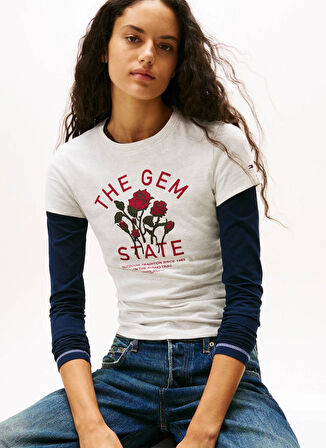 Tommy Jeans Yuvarlak Yaka Baskılı Gri Kadın T-Shirt DW0DW21788P09