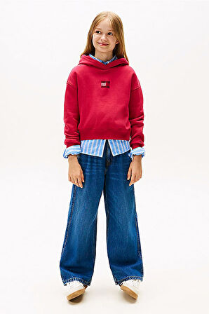 Kız Çocuk Rahat Kalıp Taşlı Amblemli Kapüşonlu Sweatshirt - Kırmızı | 8 Yaş