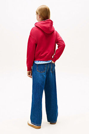 Kız Çocuk Rahat Kalıp Taşlı Amblemli Kapüşonlu Sweatshirt - Kırmızı | 8 Yaş