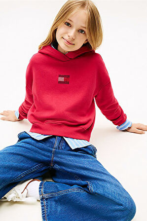 Kız Çocuk Rahat Kalıp Taşlı Amblemli Kapüşonlu Sweatshirt - Kırmızı | 8 Yaş