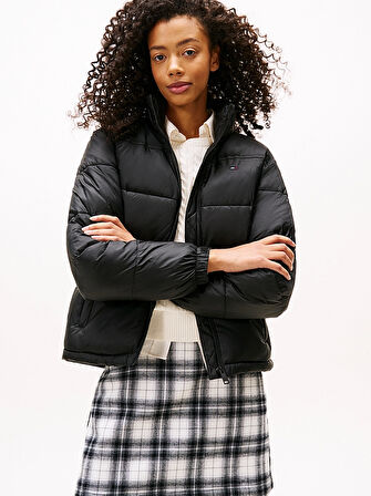 TOMMY HILFIGER Kadın Marka logolu Çift Cep Regular Fit Yumuşak Dokulu Dik Yaka Siyah Mont DW0DW21619 BDS