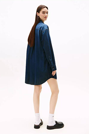 Kadın Rahat Kesim Çift Cepli Kot Gömlek Elbise - Lacivert | S